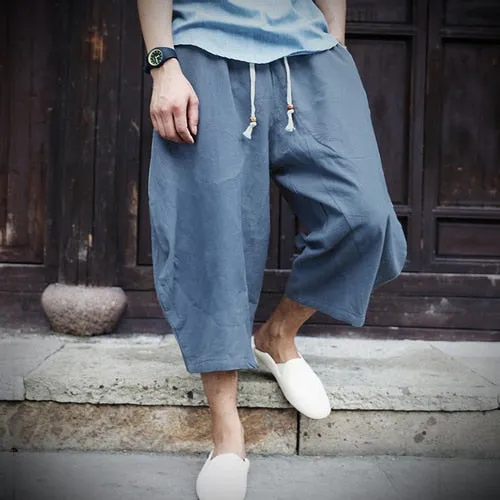 2019 Cotton Linen Baggy Cross Pants Men Hanging Crotch Hip Hop Bloomers Pants men's Calf-Length Harem Pants Linen Trousers Man