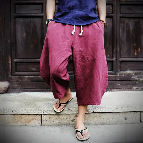 2019 Cotton Linen Baggy Cross Pants Men Hanging Crotch Hip Hop Bloomers Pants men's Calf-Length Harem Pants Linen Trousers Man