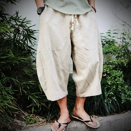 2019 Cotton Linen Baggy Cross Pants Men Hanging Crotch Hip Hop Bloomers Pants men's Calf-Length Harem Pants Linen Trousers Man