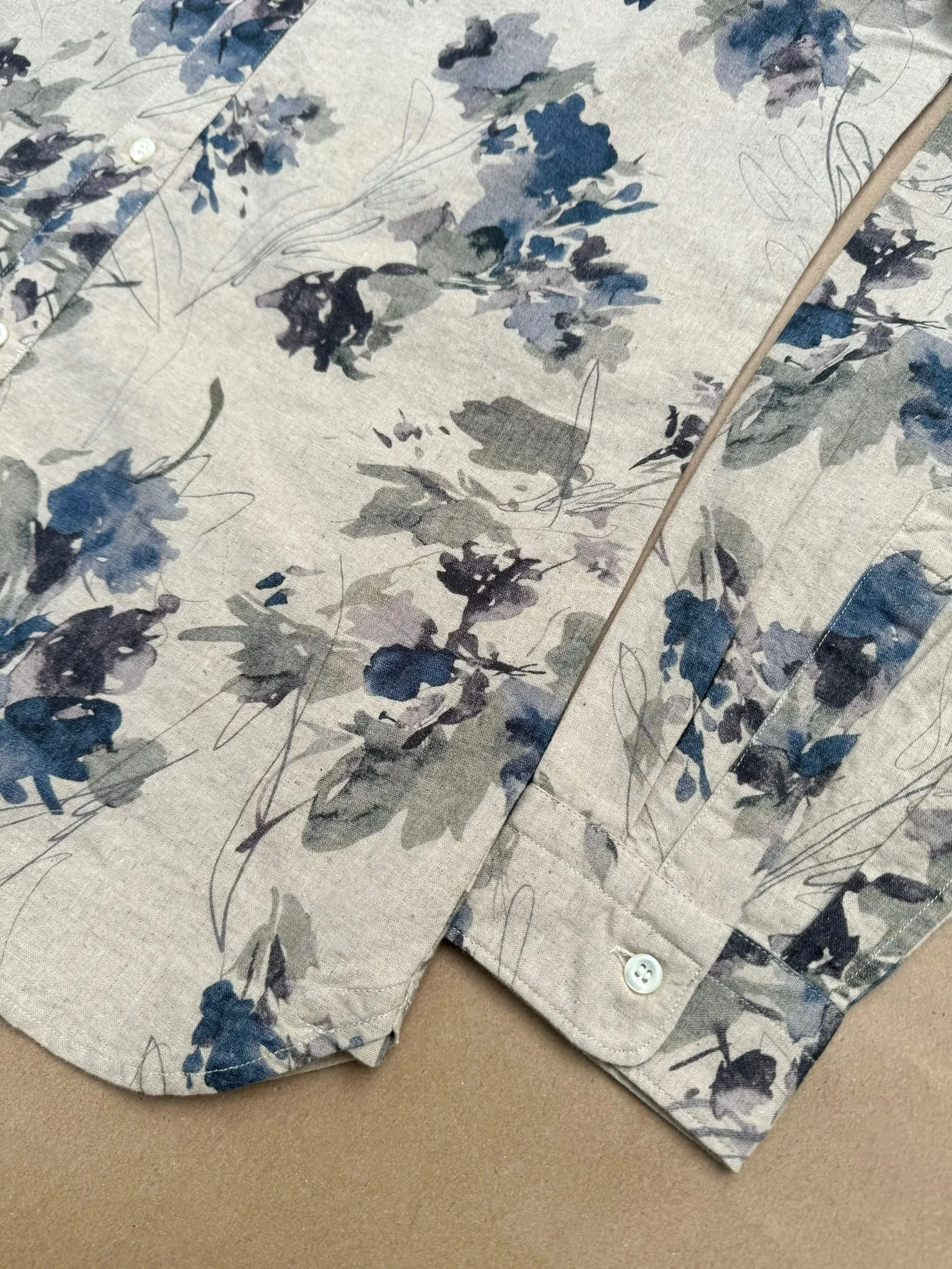 ABCL Beige Blue Flower Print Linen Studio Shirt