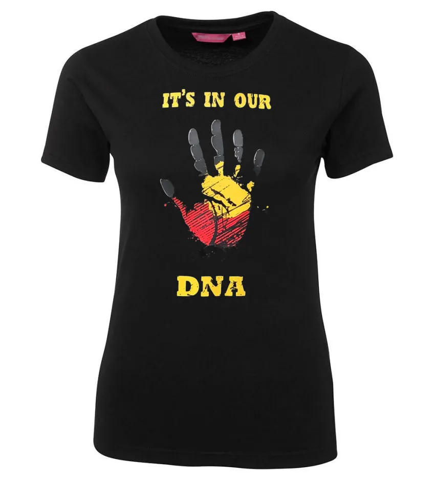 Aboriginal Flag Hand Print In Our DNA Ladies Tee (Black) *End of Stock*