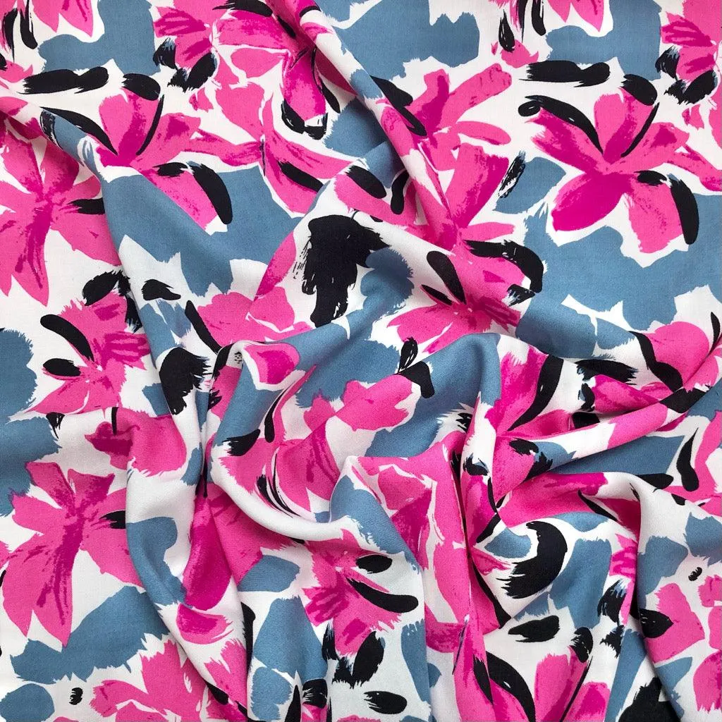 Abstract Floral on White Viscose Challis Fabric