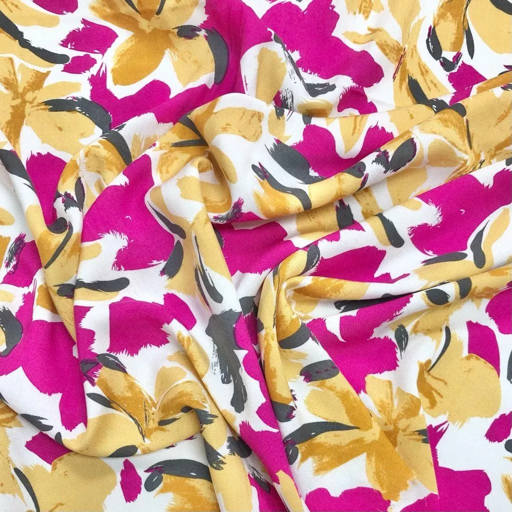 Abstract Floral on White Viscose Challis Fabric