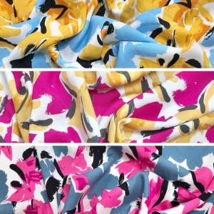 Abstract Floral on White Viscose Challis Fabric