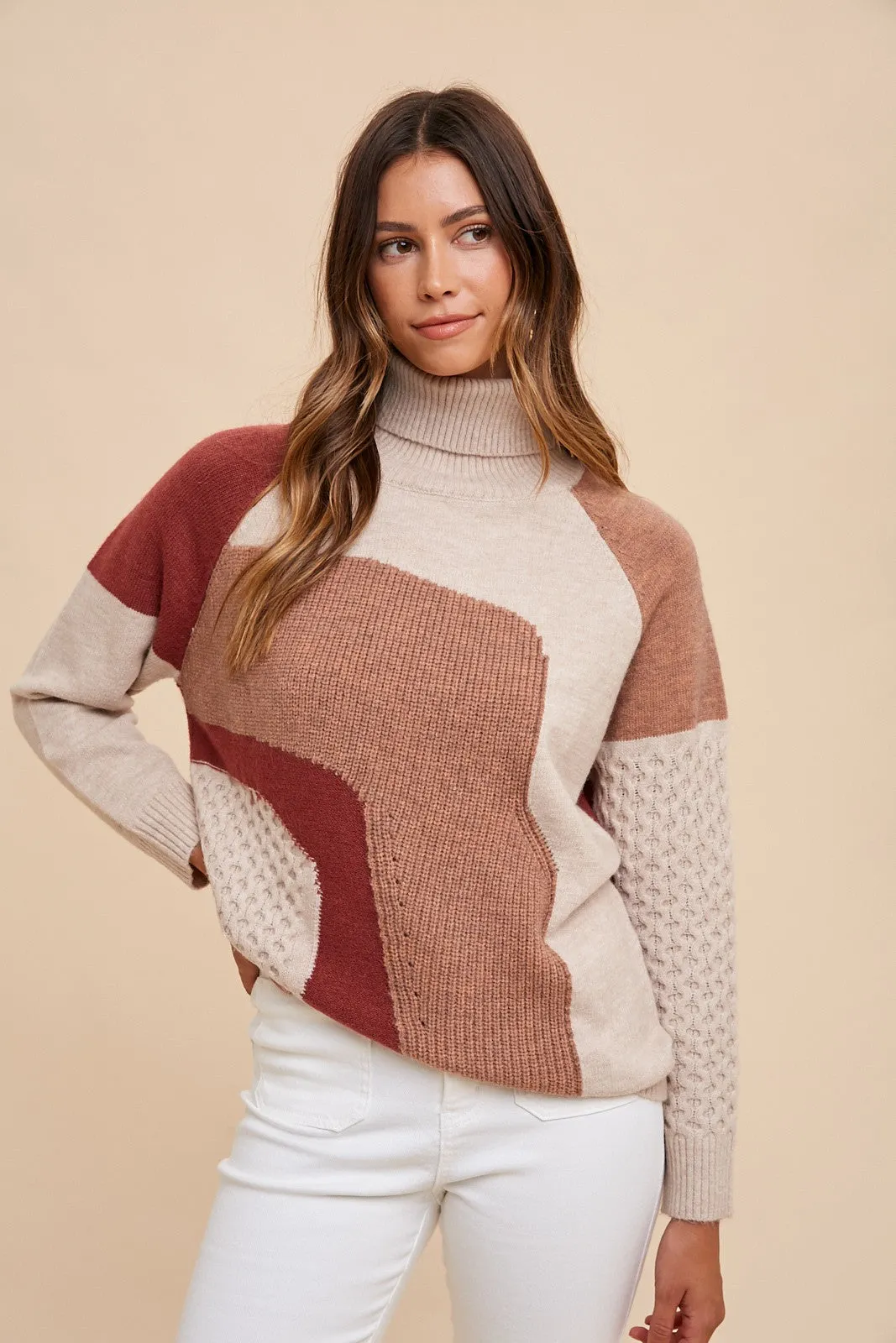 AnnieWear Multi Colored Mixed Textured Knit Sweater in Mocho Combo