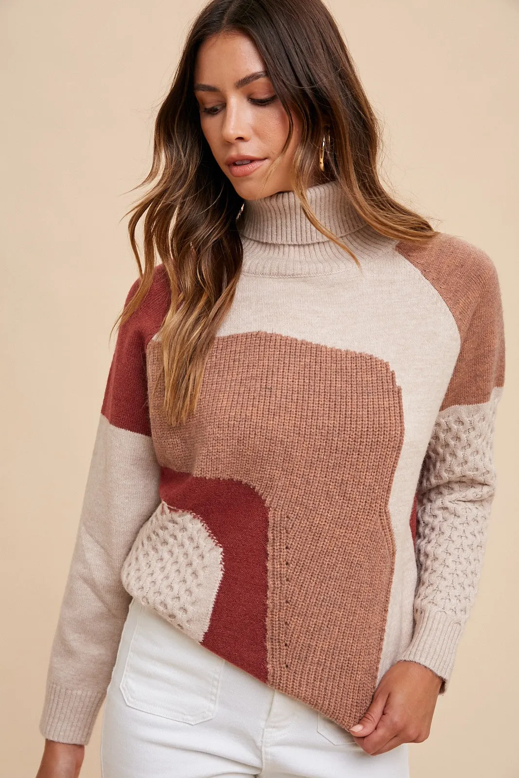 AnnieWear Multi Colored Mixed Textured Knit Sweater in Mocho Combo