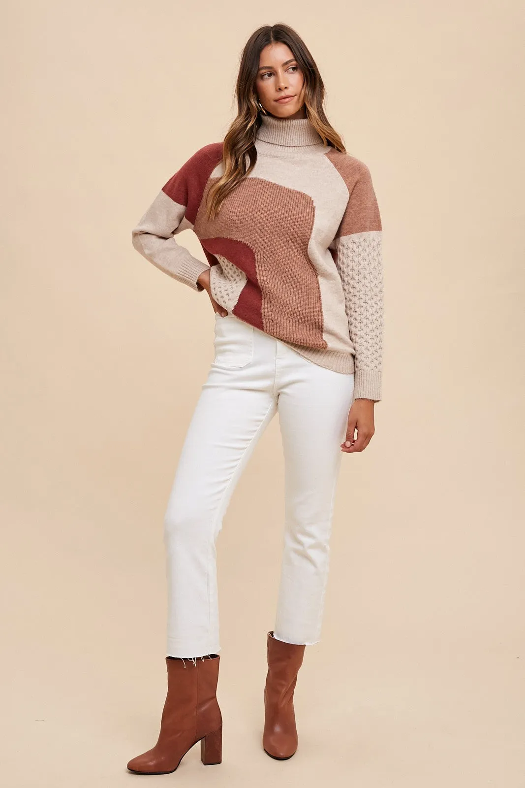 AnnieWear Multi Colored Mixed Textured Knit Sweater in Mocho Combo