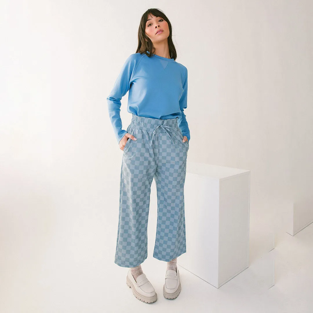 Audrey Wide Leg Pants, Blue Checkers