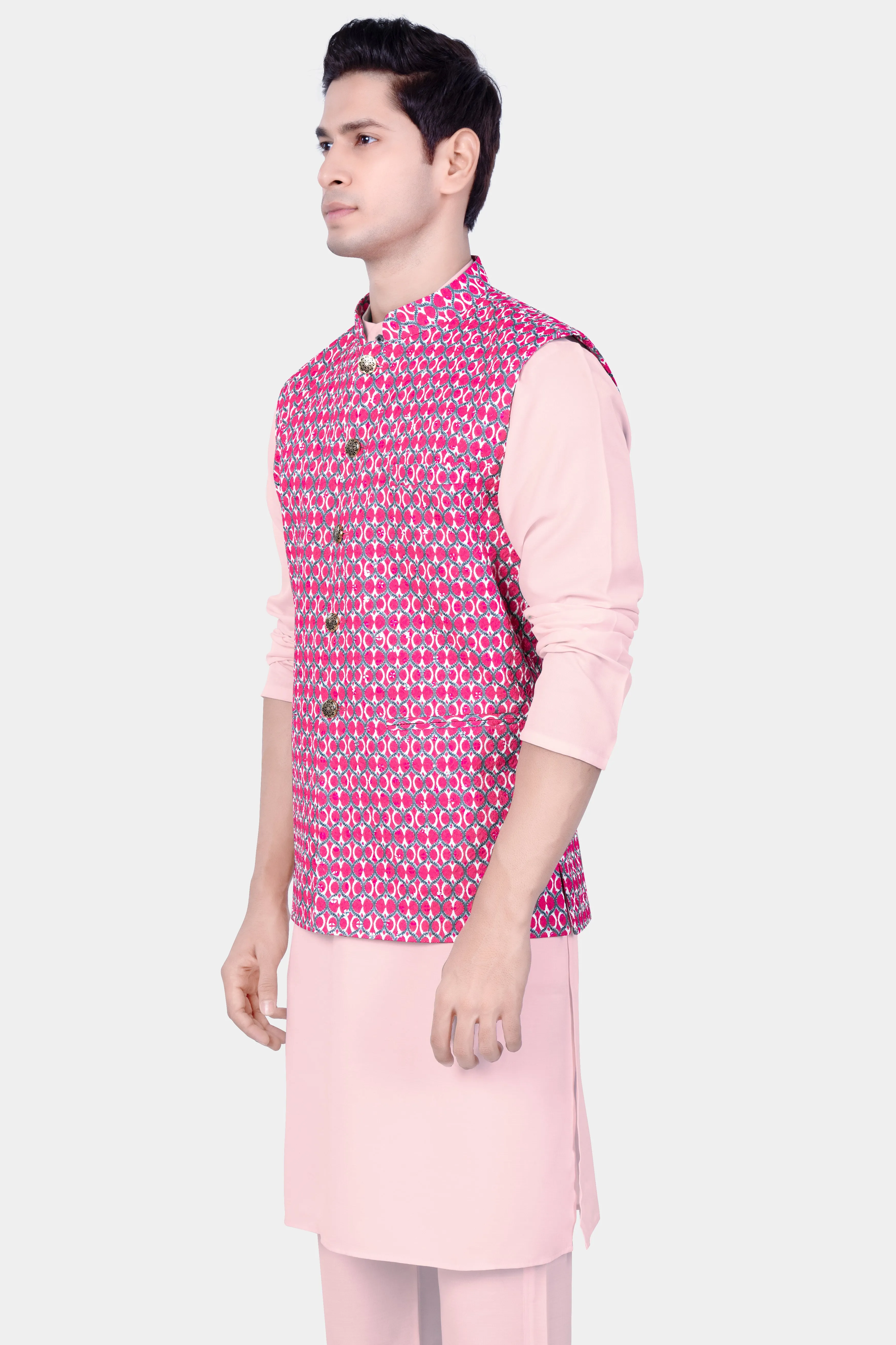 Beauty Bush Pink Kurta Set With French Rose Pink And Bright White Designer Embroidered Nehru Jacket