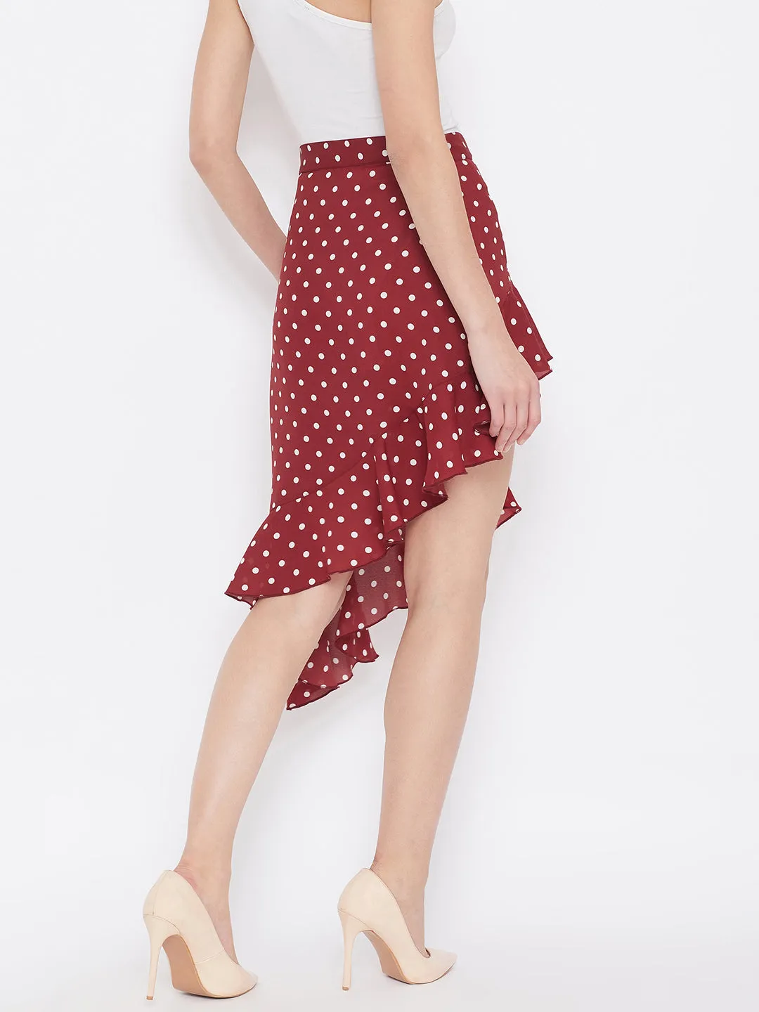 Berrylush Women Red Polka Dot Asymmetrical Ruffled A-Line Midi Skirt