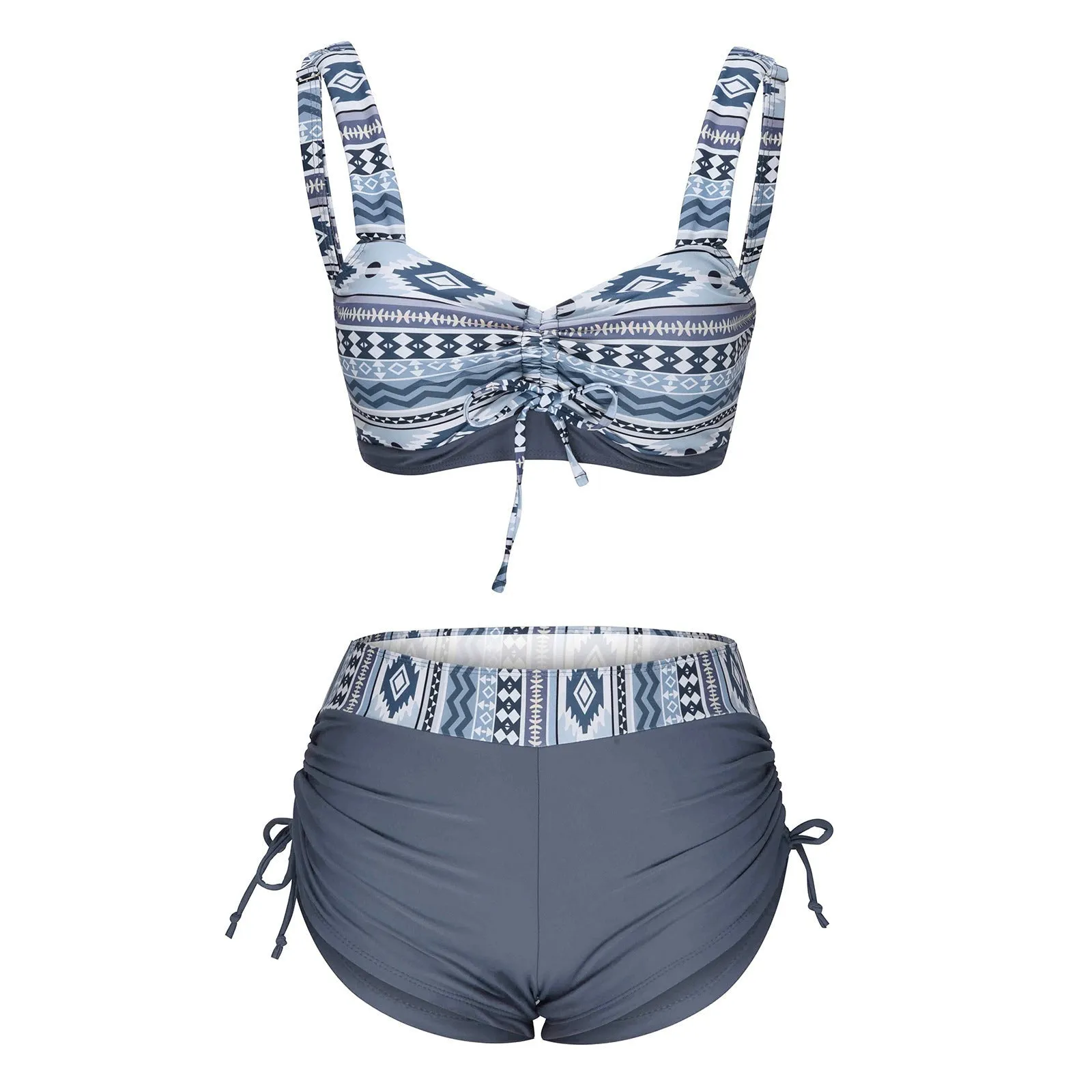 Bikini Split Swimsuit Light Blue & Grey Aztec Pattern