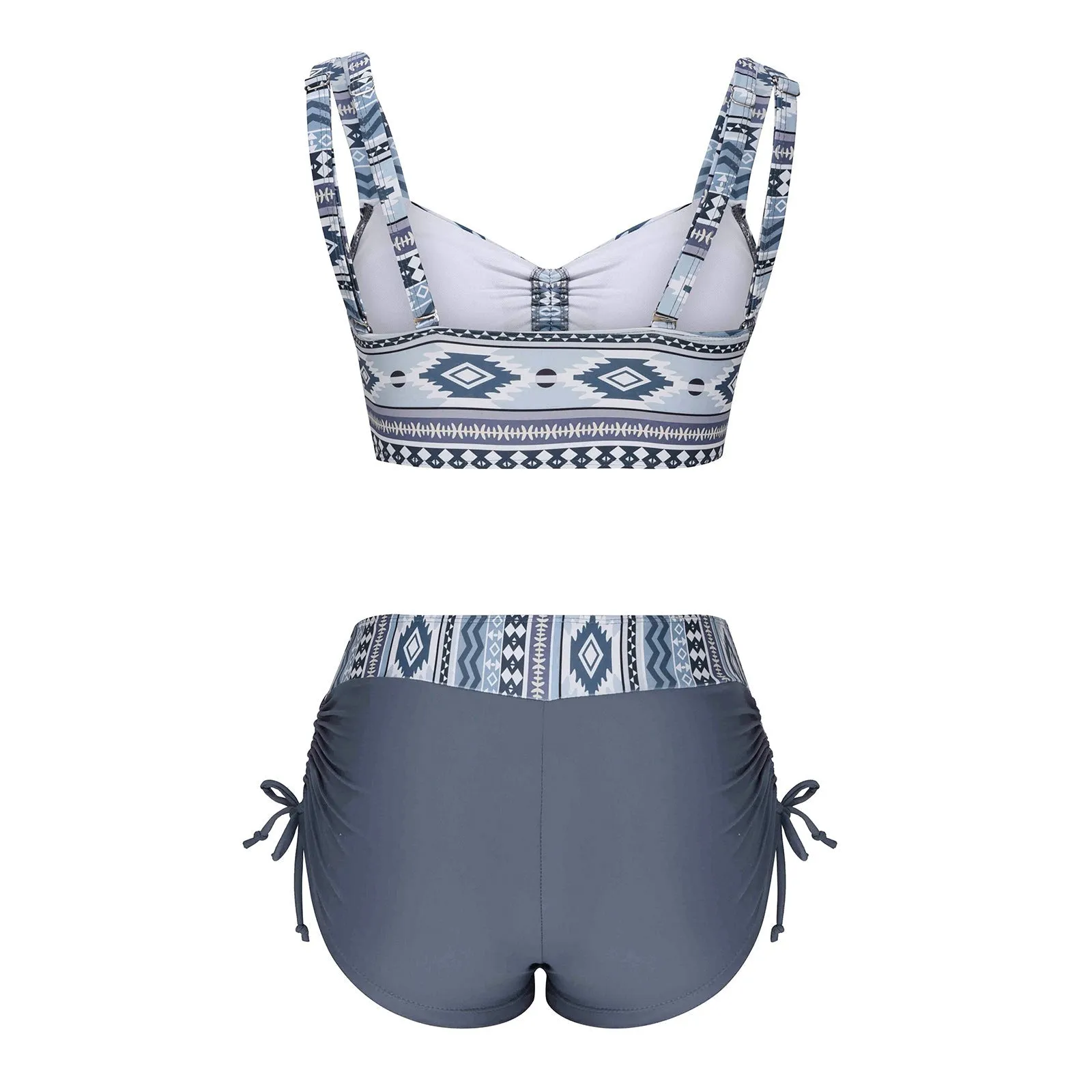 Bikini Split Swimsuit Light Blue & Grey Aztec Pattern