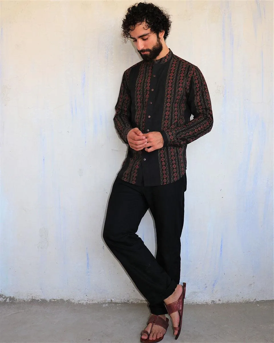 Black & Red Blockprinted Men'S Shirt