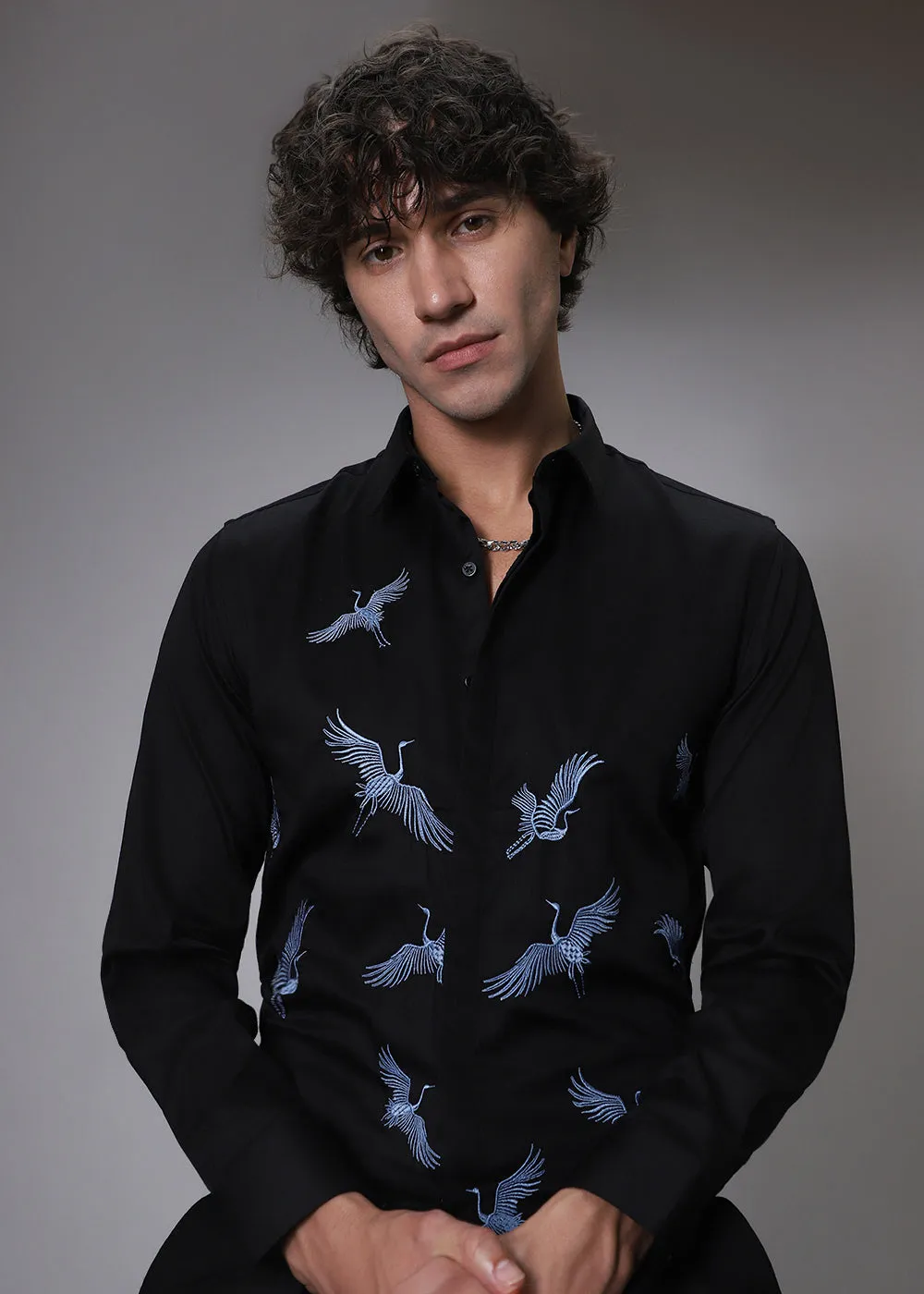 Black Crane Embroidery Designer Shirt