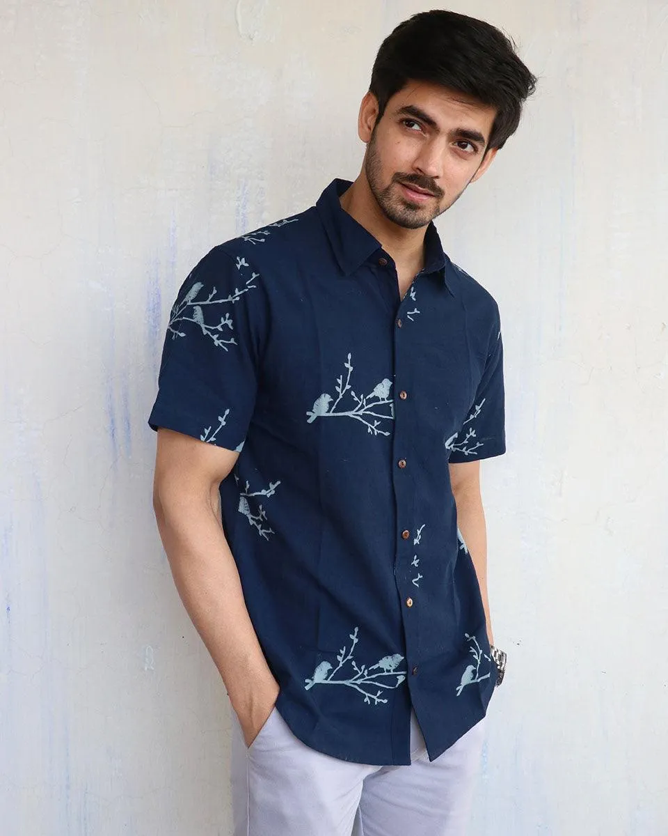 Blue Bird On Branch Block-Printed Men'S Shirt