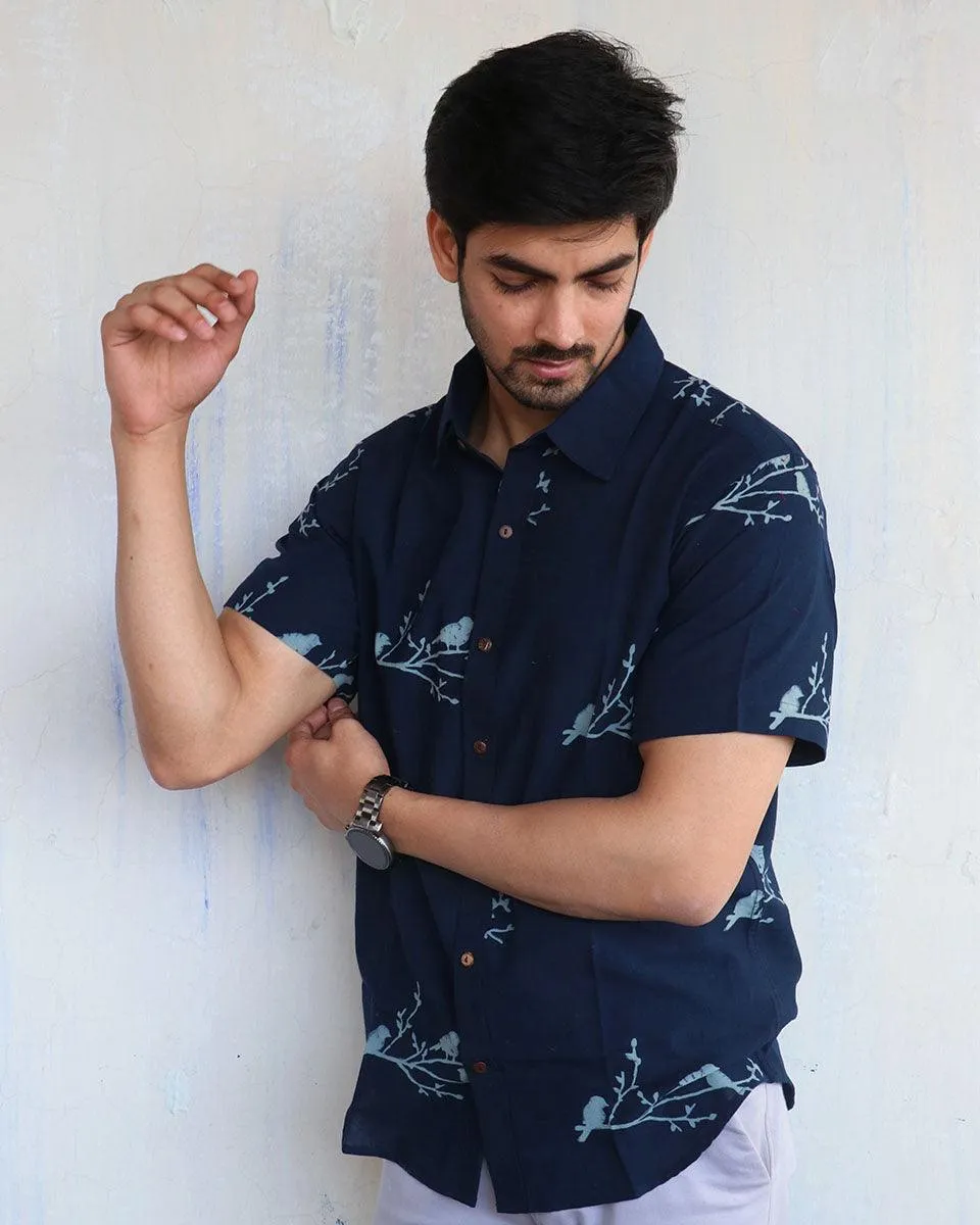 Blue Bird On Branch Block-Printed Men'S Shirt