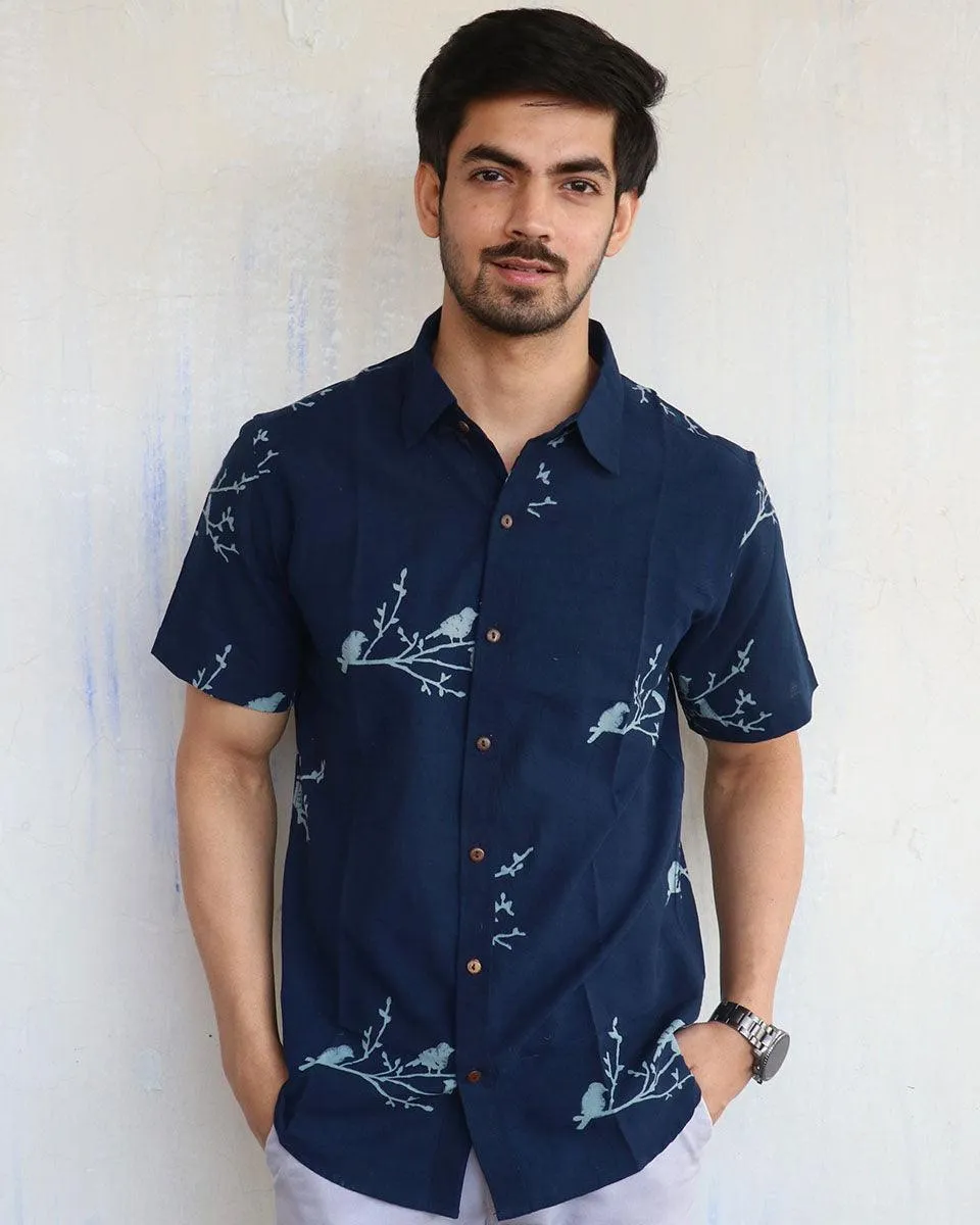 Blue Bird On Branch Block-Printed Men'S Shirt