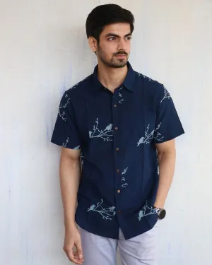 Blue Bird On Branch Block-Printed Men'S Shirt