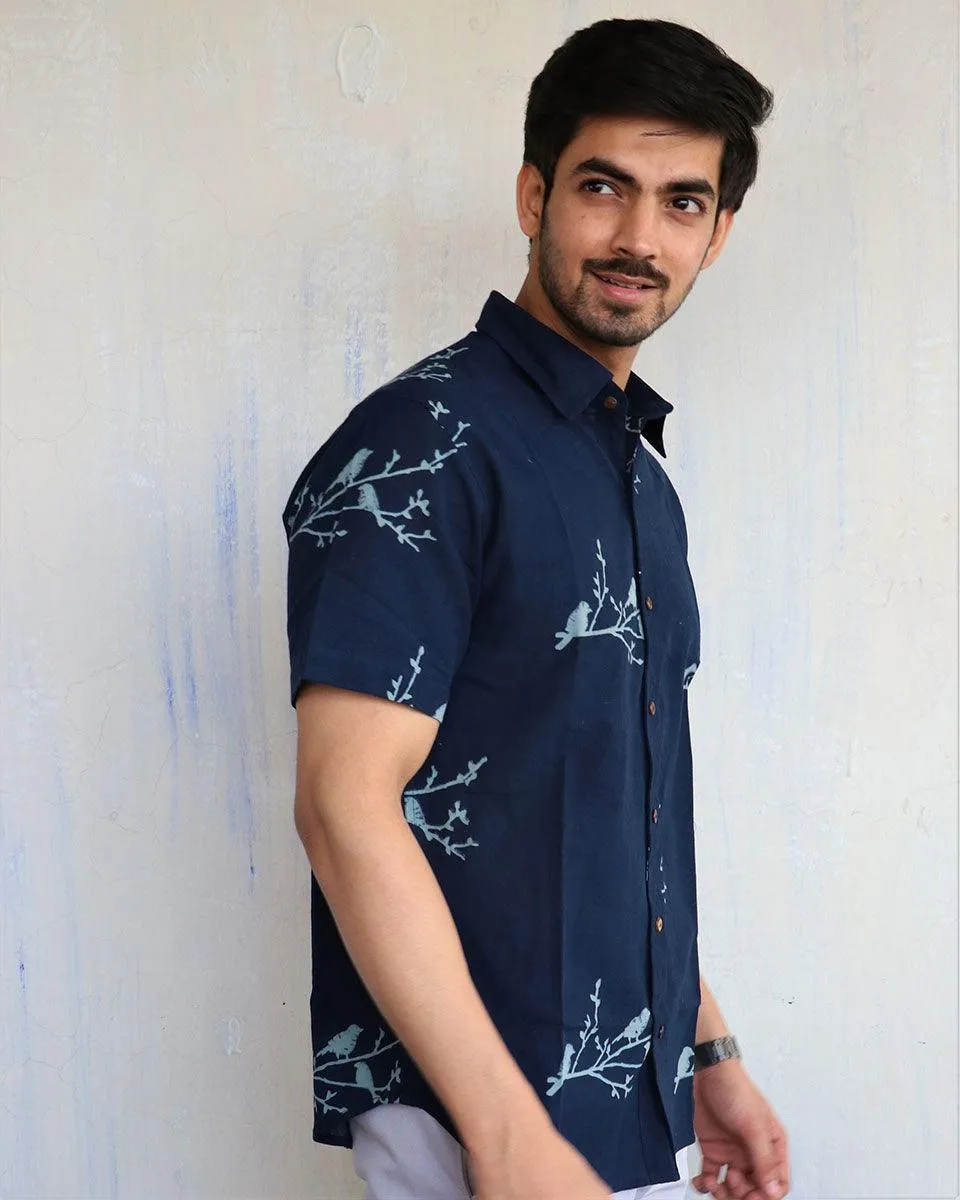 Blue Bird On Branch Block-Printed Men'S Shirt