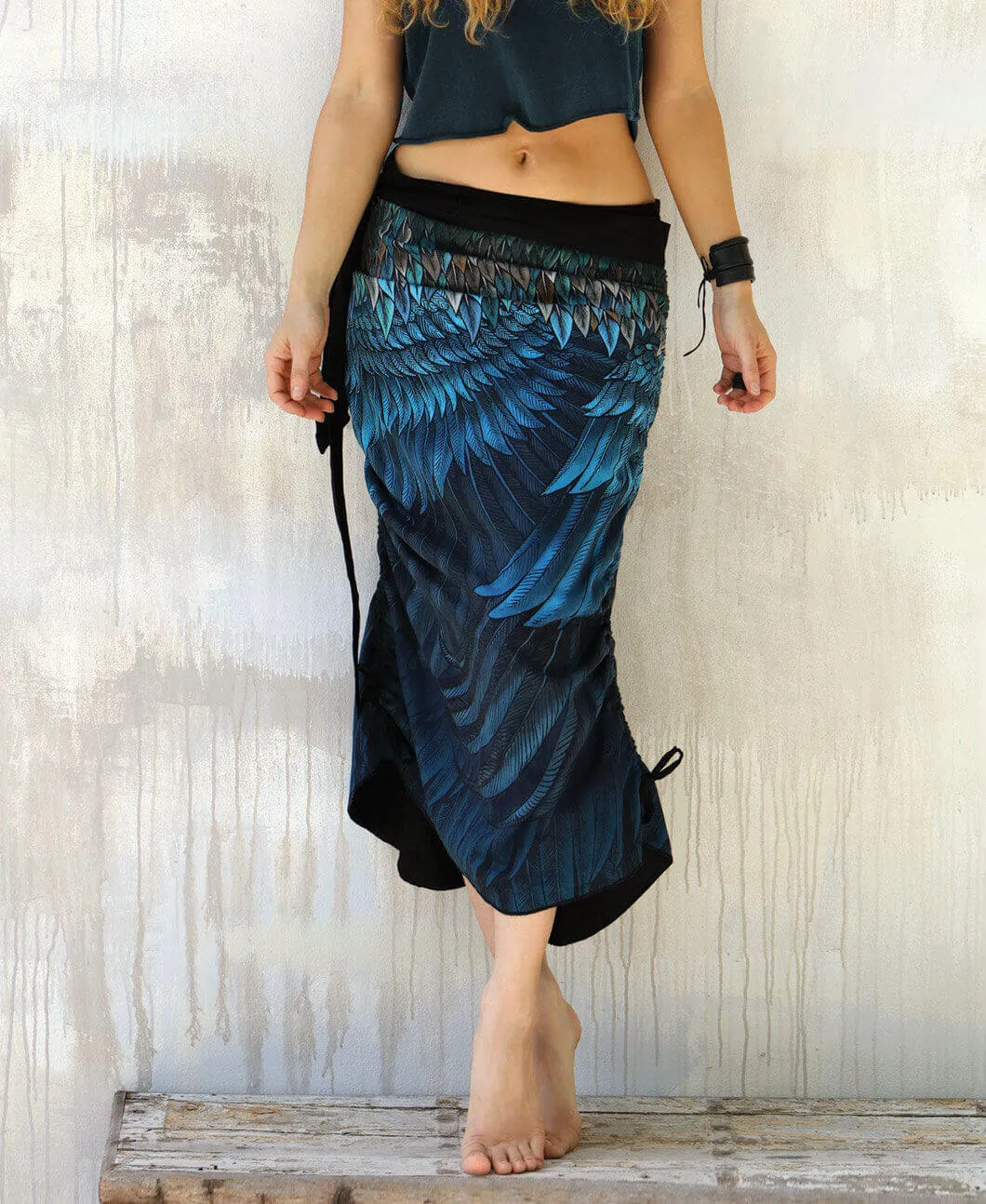 Blue Feather Wrap Skirt