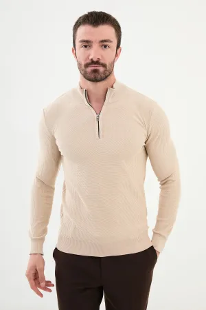 Bojoni Capena Textured Slim Fit Zippered Half Turtleneck Beige Knitwear Sweater