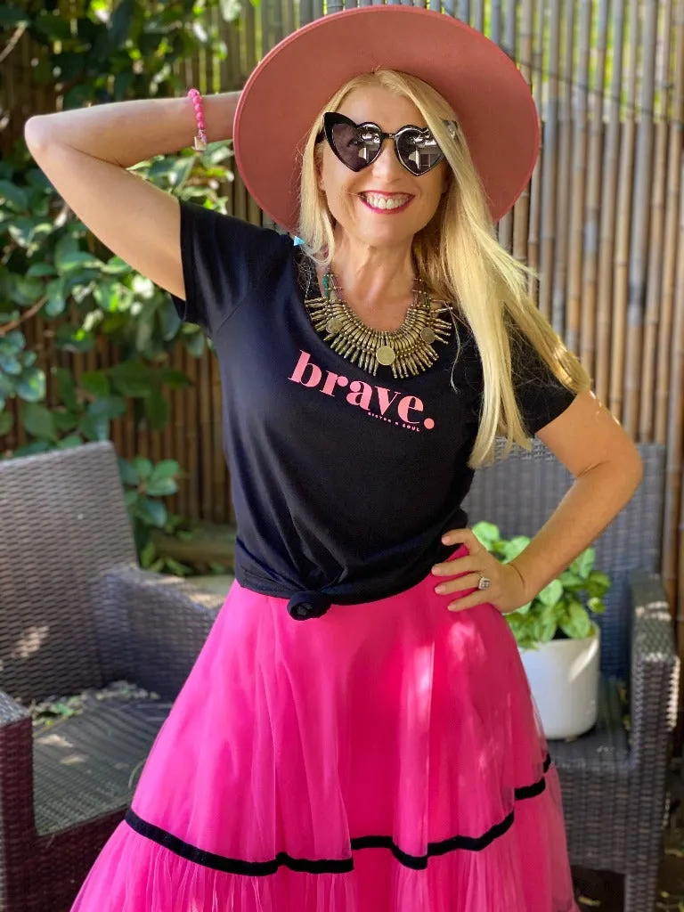 BRAVE - Black Boxy Tee - Pink Print