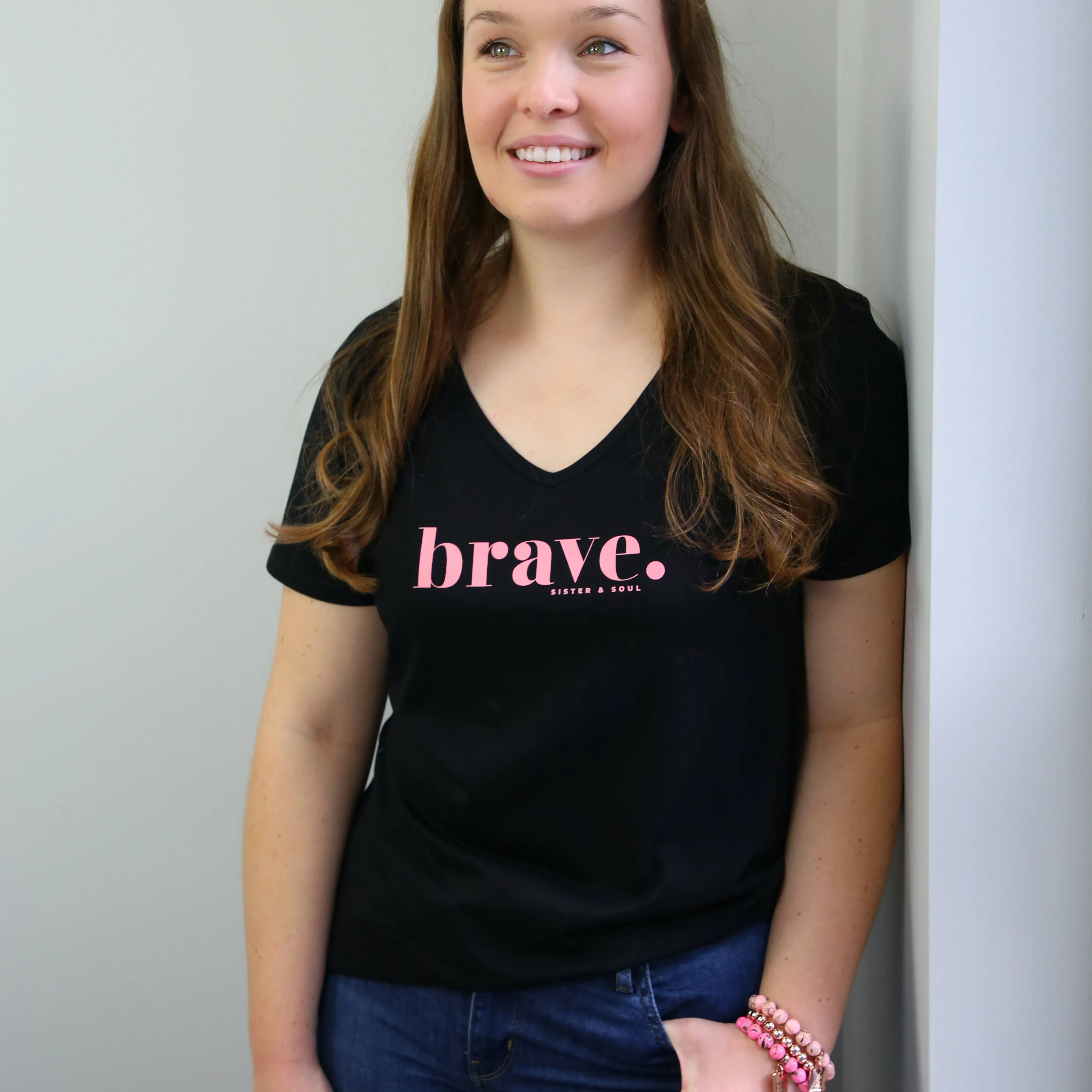 BRAVE - Black V-Neck Tee - Pink Print