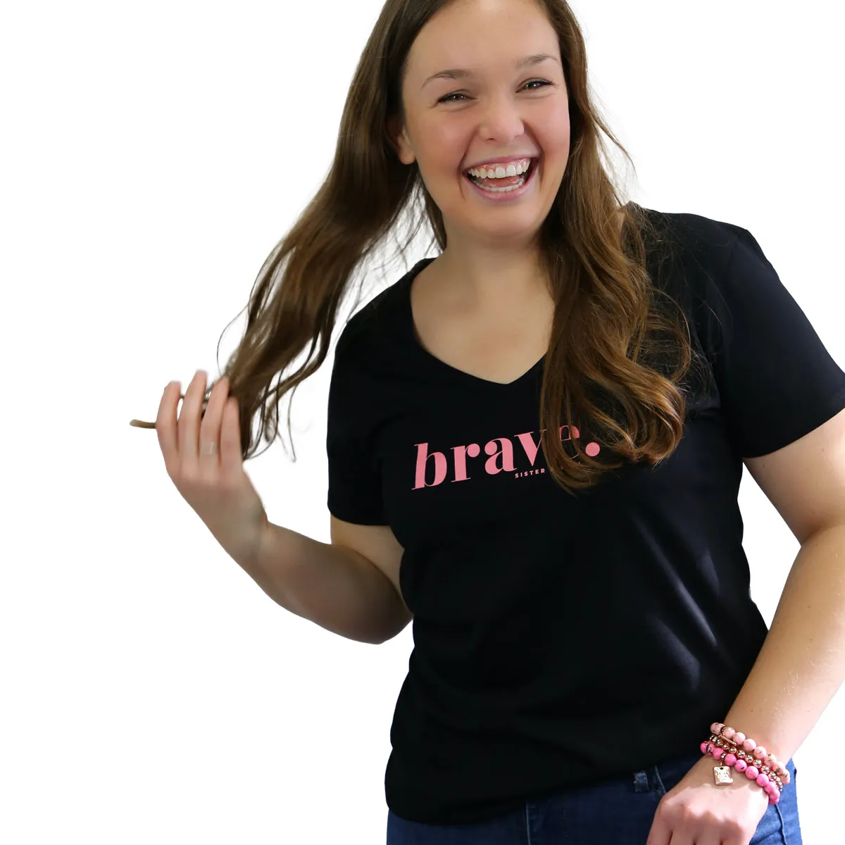 BRAVE - Black V-Neck Tee - Pink Print