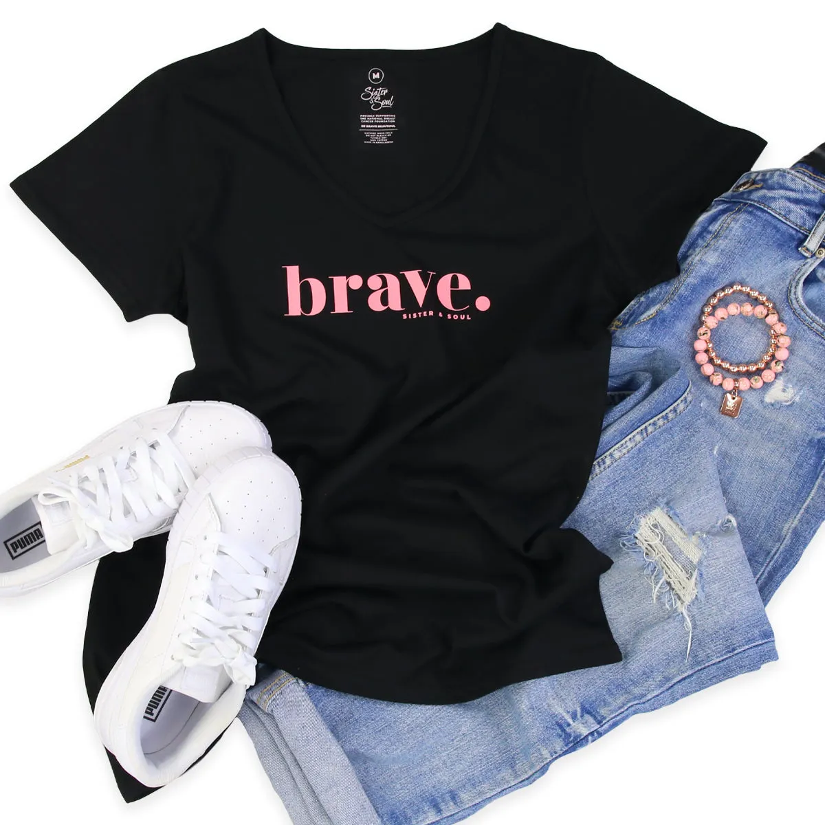 BRAVE - Black V-Neck Tee - Pink Print