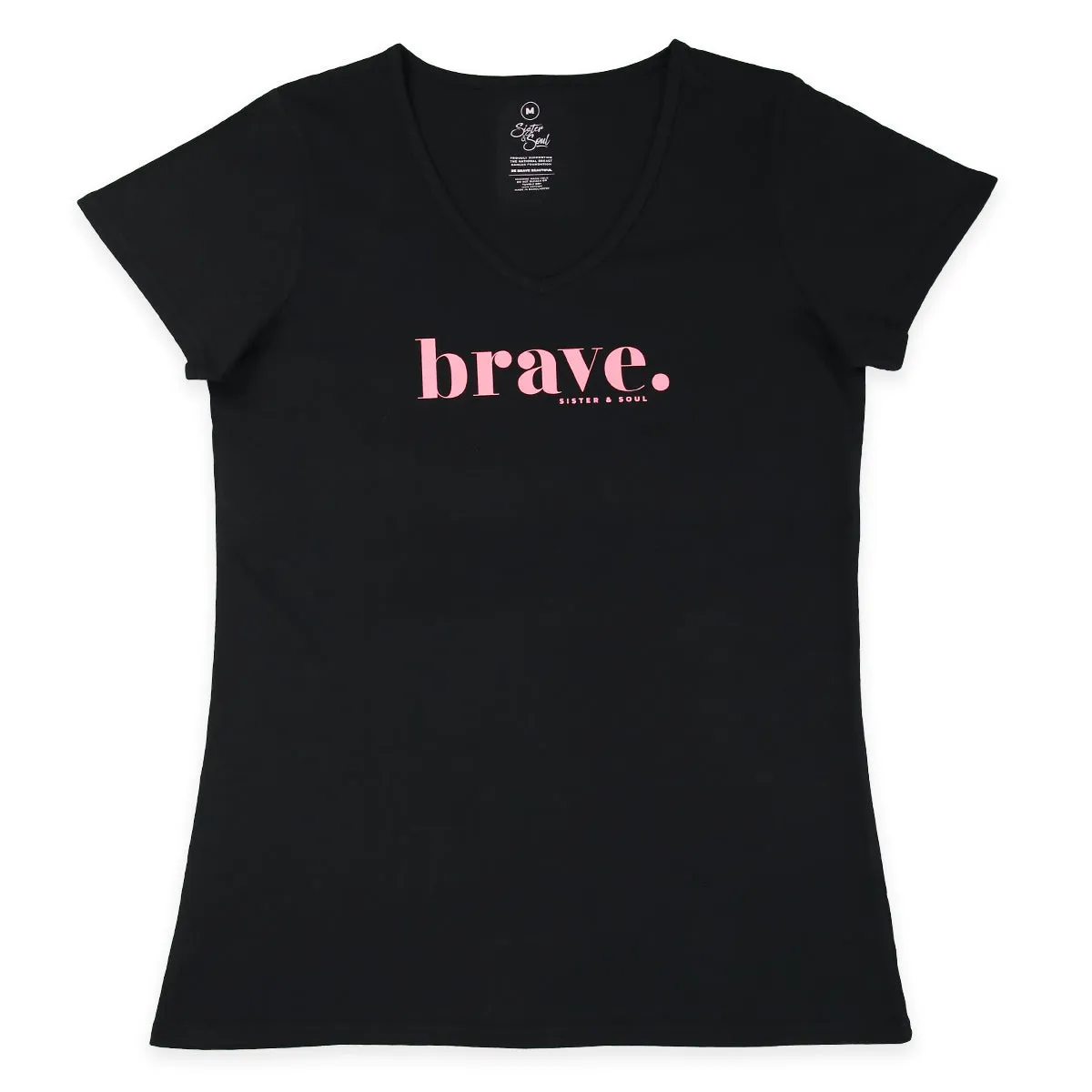 BRAVE - Black V-Neck Tee - Pink Print