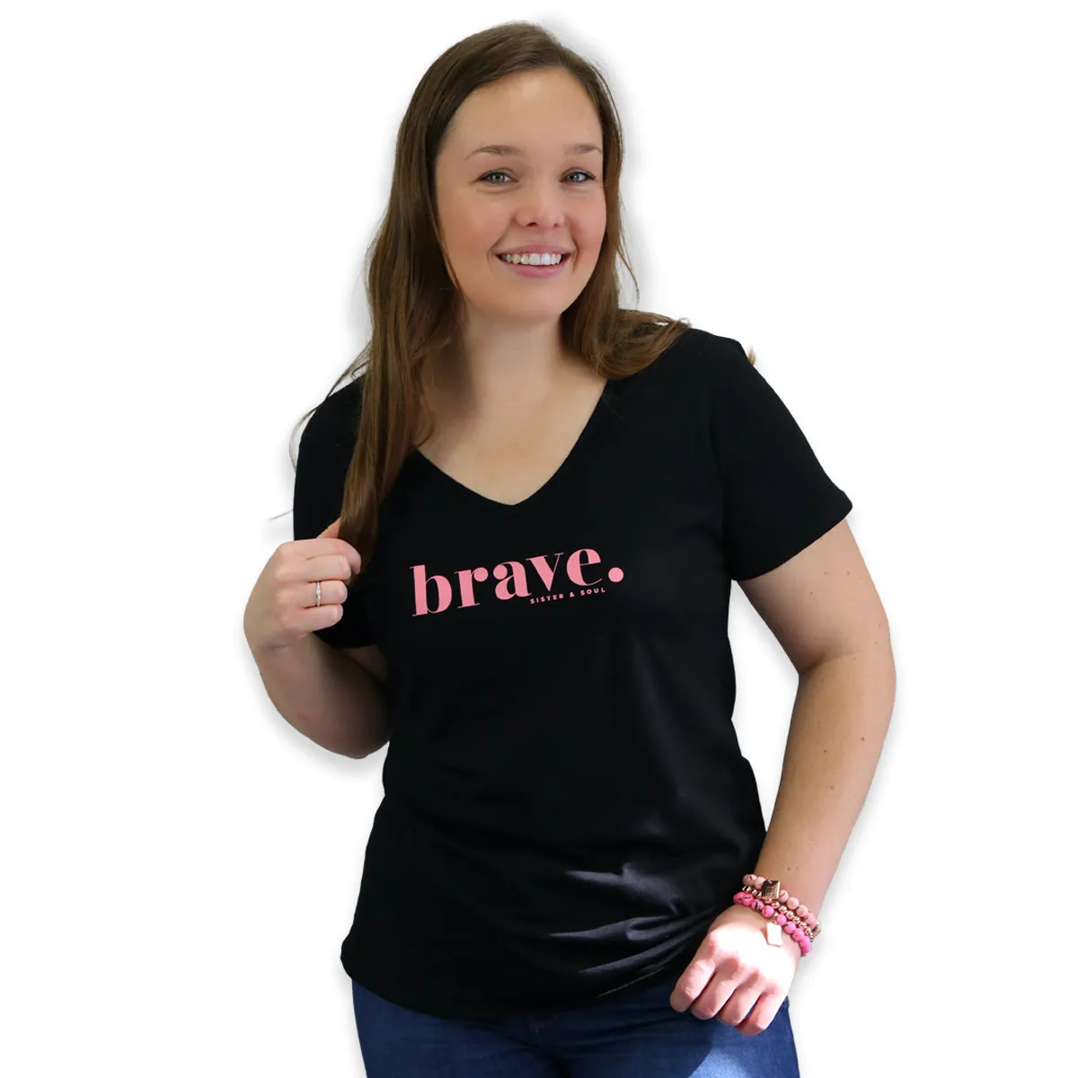 BRAVE - Black V-Neck Tee - Pink Print