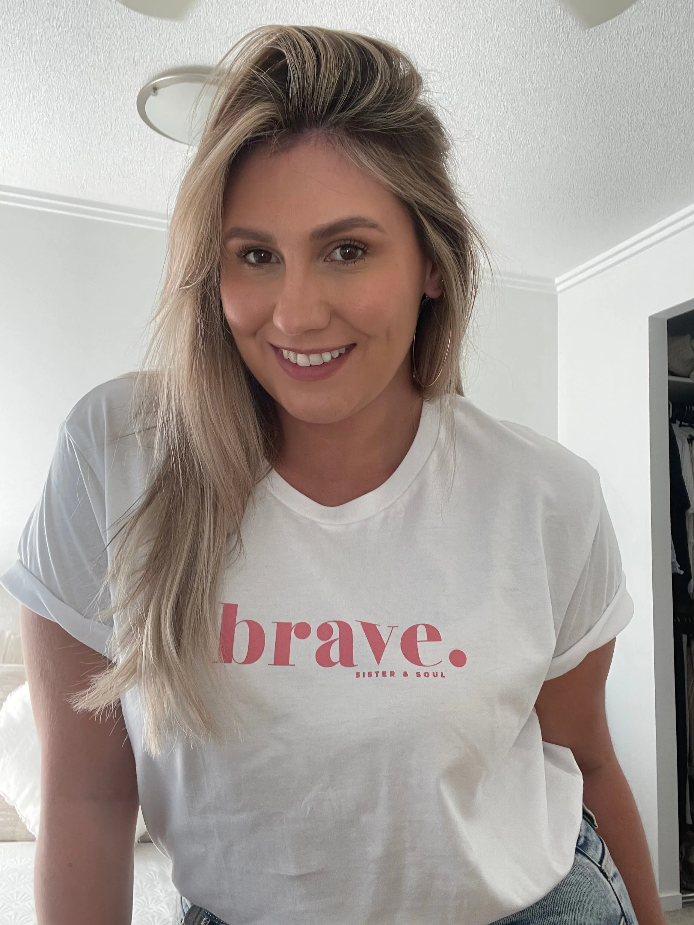 BRAVE - White Boxy Tee - Pink Print