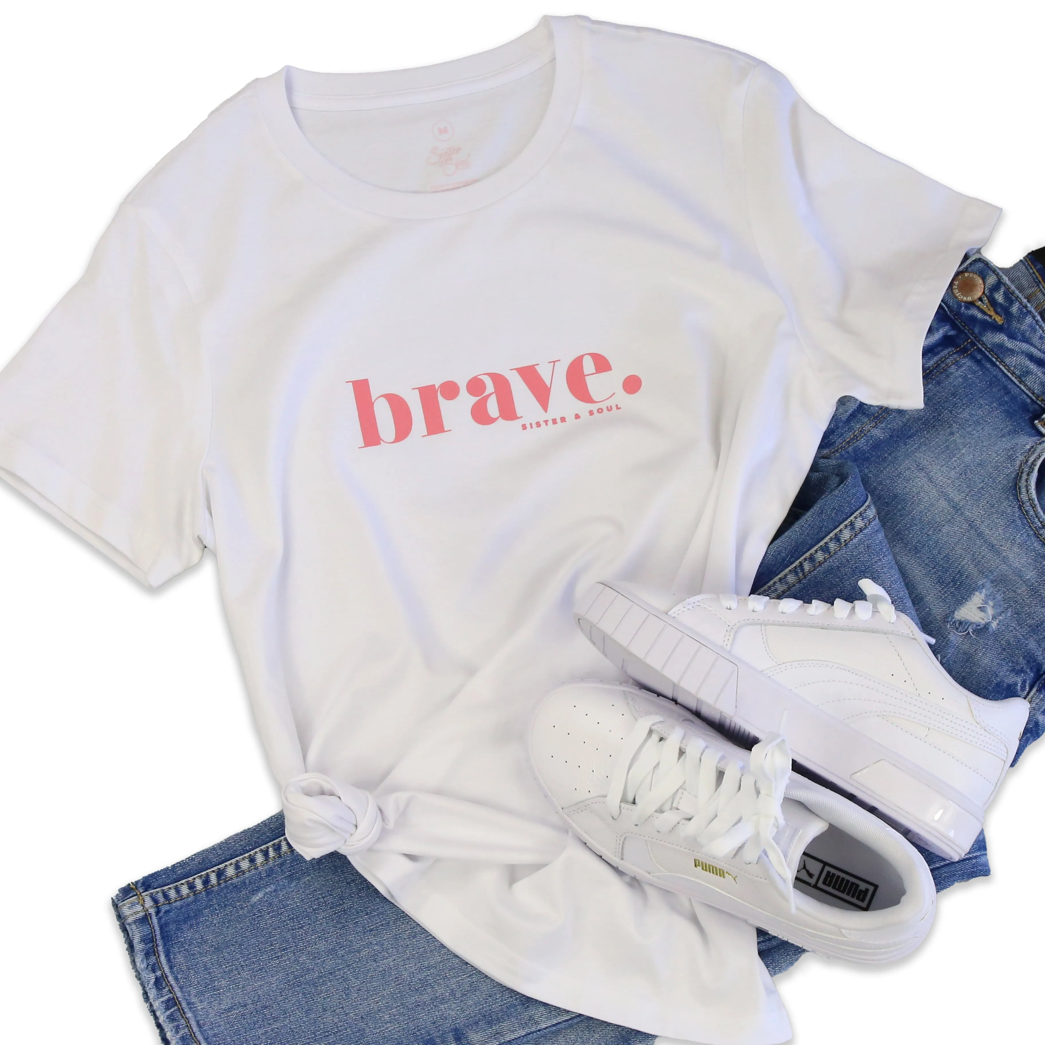 BRAVE - White Boxy Tee - Pink Print