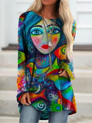 Casual Face Birds Artistic Print Tops for Women