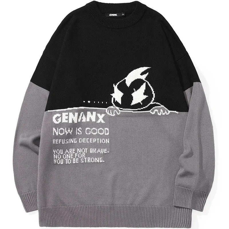 Color Block Letter Cartoon Jacquard Pullover Sweater