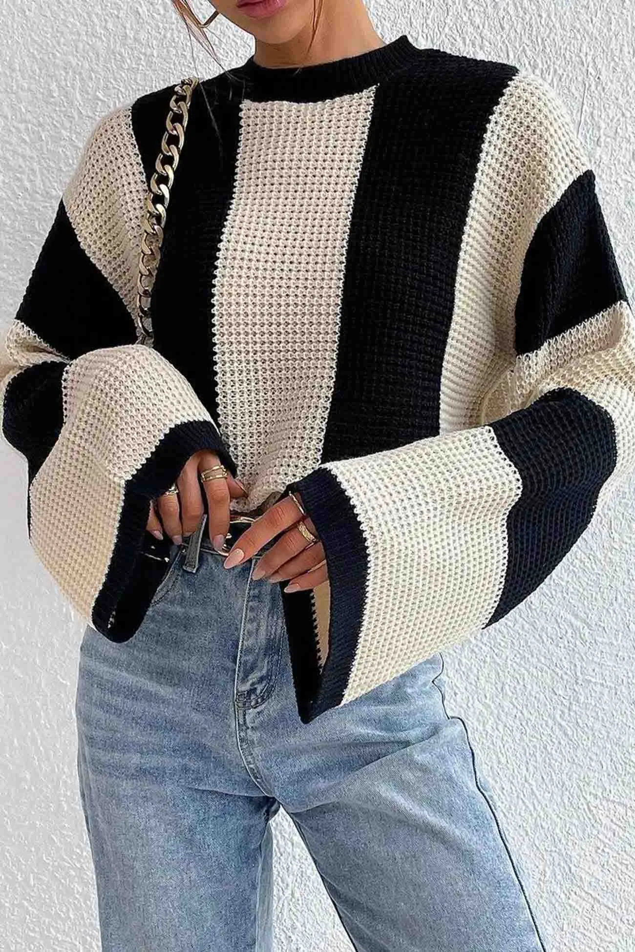 Colorblock Striped Long Sleeve Knitted Sweater