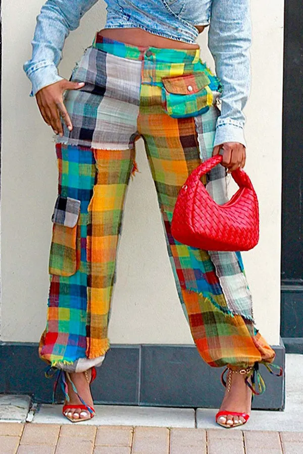 Colorful Plaid Flap Pockets Pants