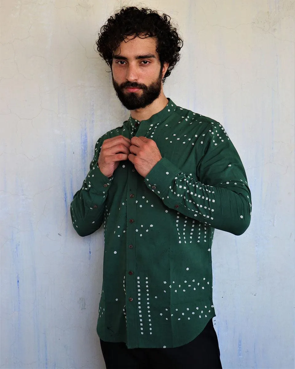 Deep Sea Green Dots Blockprinted Men'S Shirt