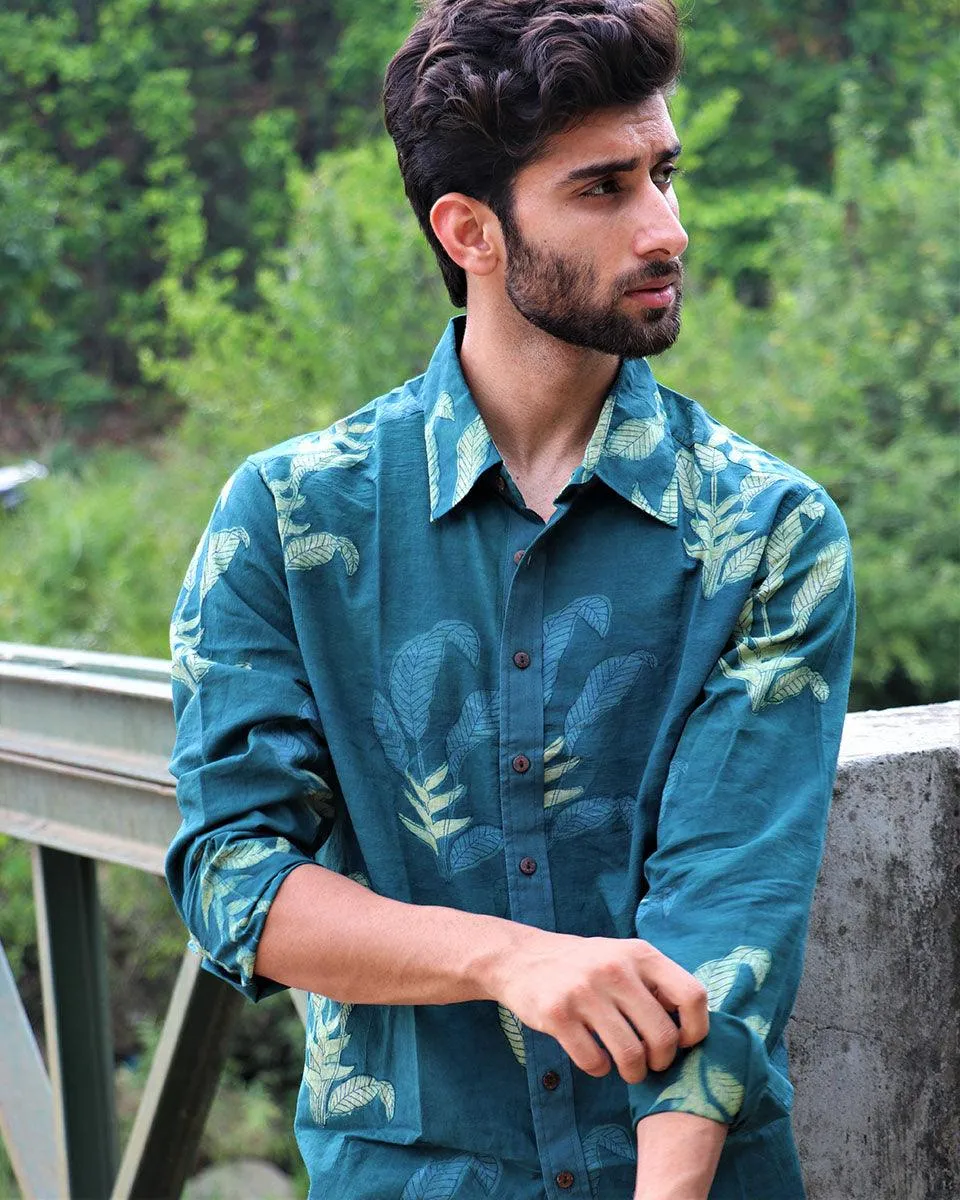 Forest Green Leaf Block Printed Cotton Shirt