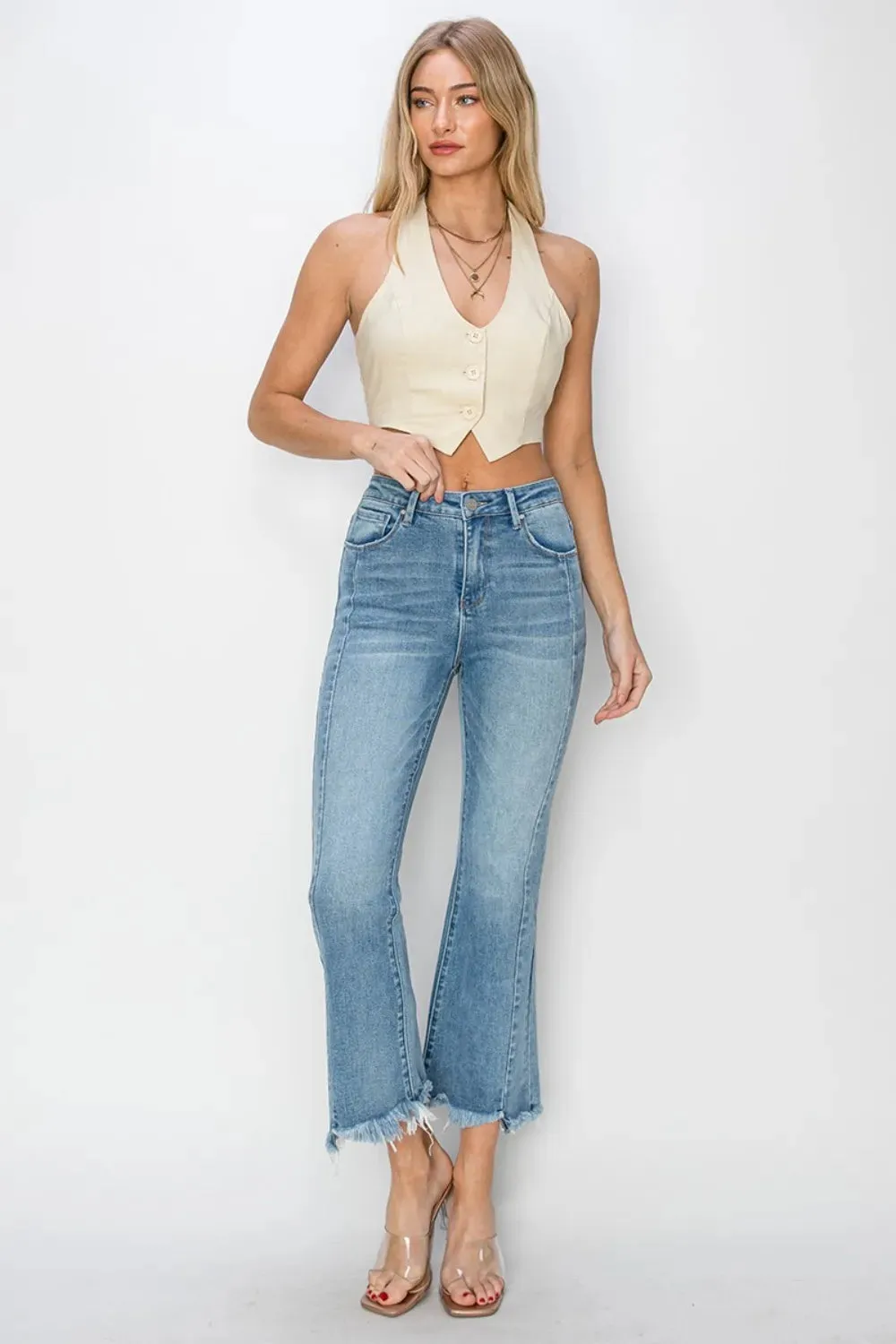 Full Size High Rise Frayed Hem Flare Jeans