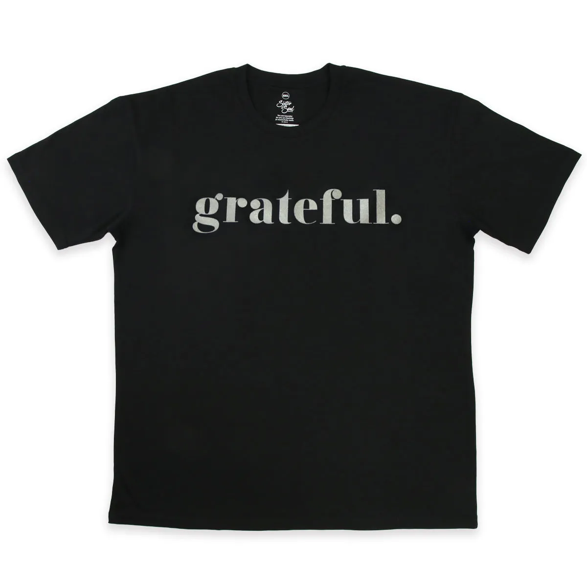 GRATEFUL - Plus Size Long Boxy Tee - Black with Charcoal Shimmer Print