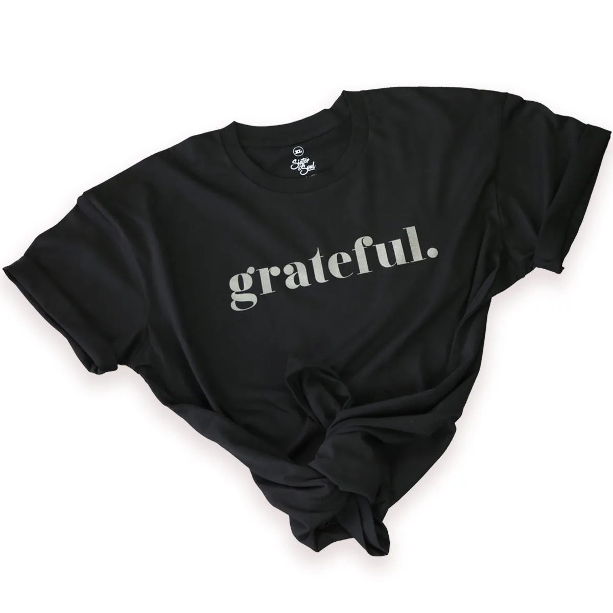 GRATEFUL - Plus Size Long Boxy Tee - Black with Charcoal Shimmer Print