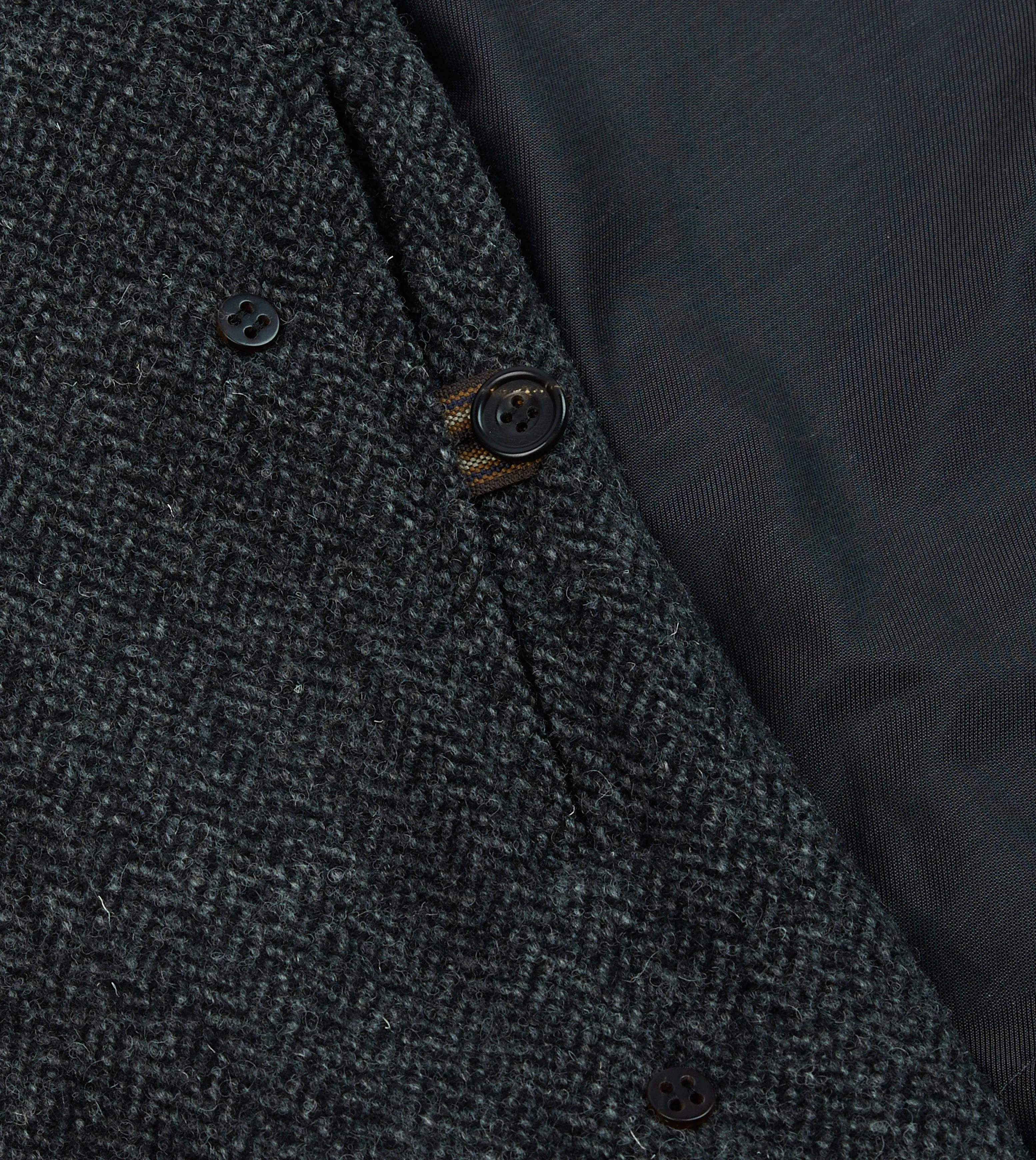 Grey Herringbone Wool Double-Breasted Raglan Coat