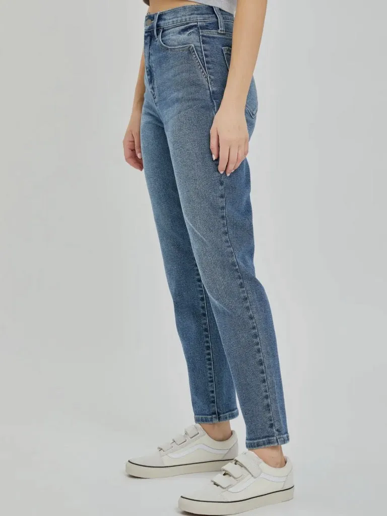 High Rise Mom Jean with Front Pocket Shape - Medium Denim