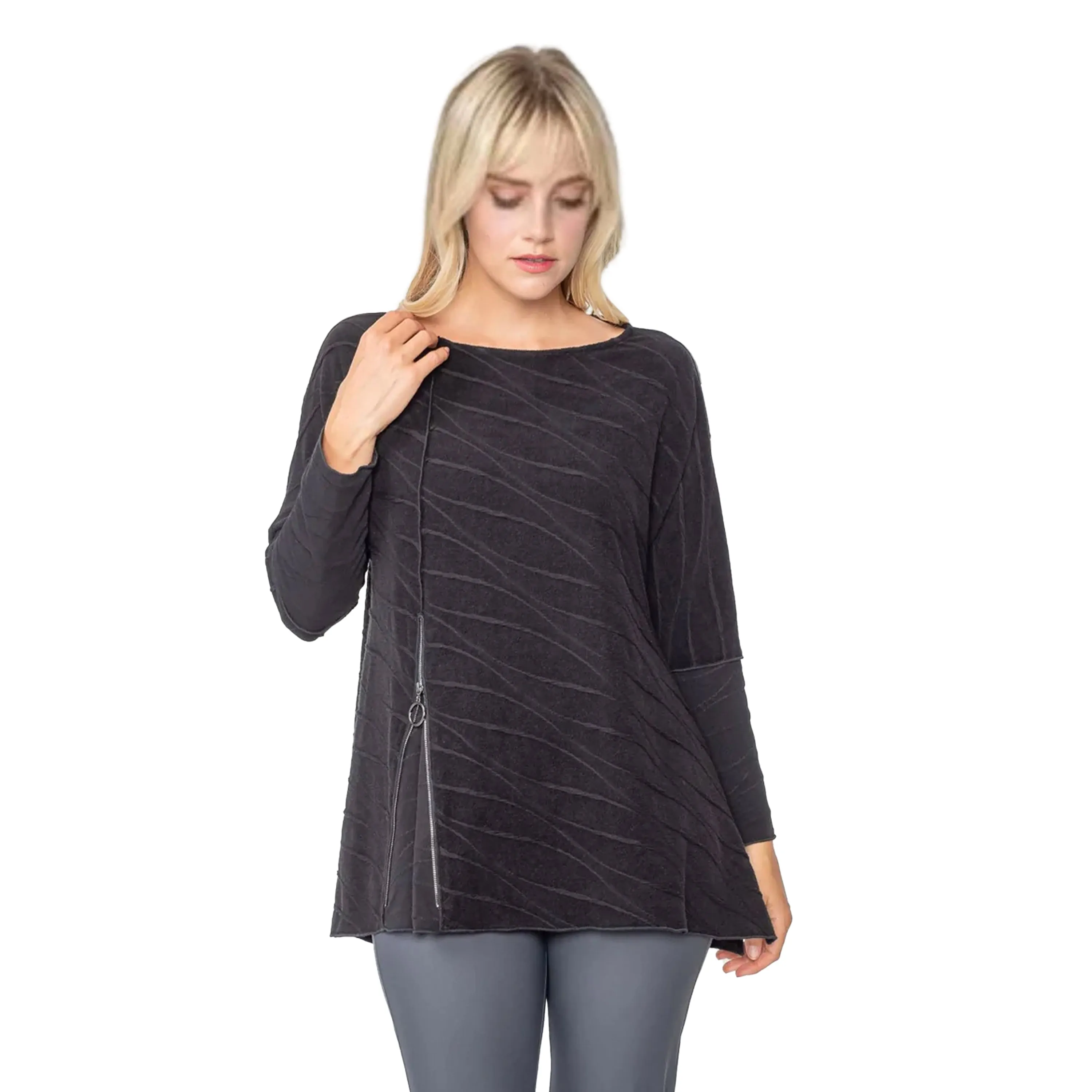 IC Collection Textured Zip Detail Tunic in Black - 5369T- BLK - Size S Only!