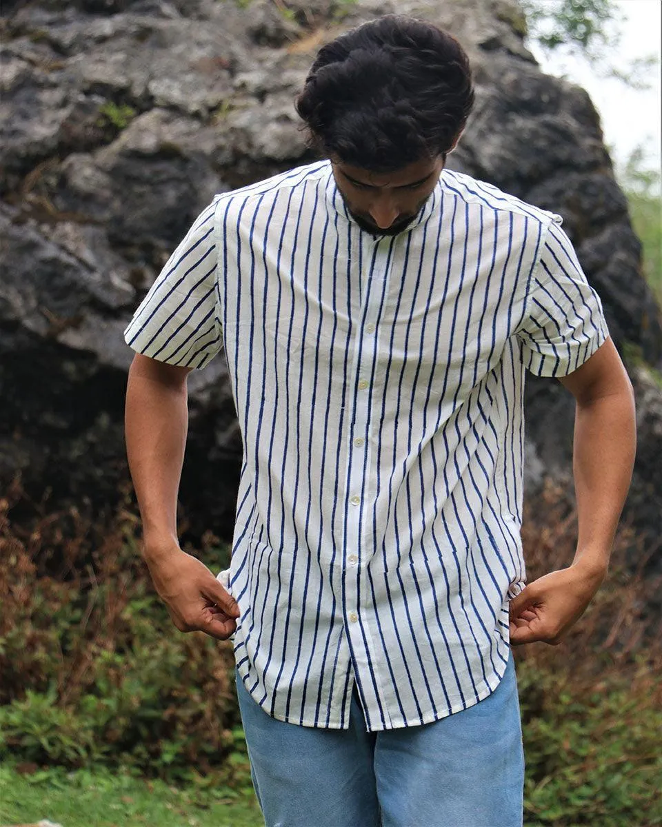 Ivory Striped Block Printed Cotton Half-Sleeved Shirt