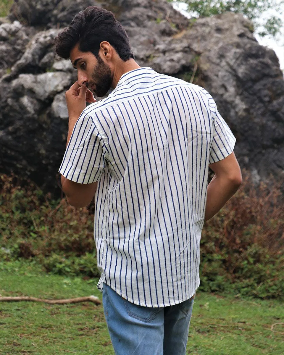 Ivory Striped Block Printed Cotton Half-Sleeved Shirt