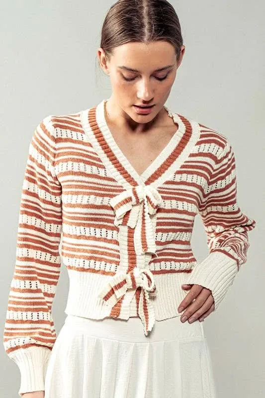 Ivory/Rust Ribbon Button Stripe Cardigan