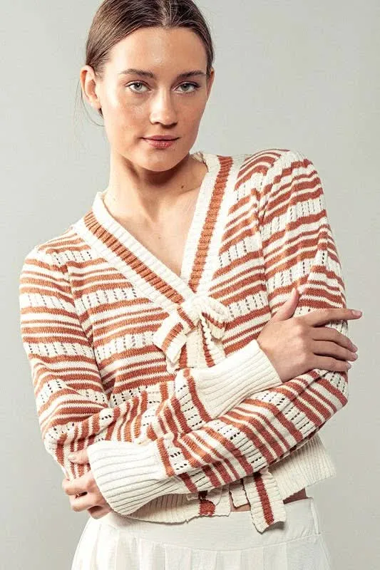 Ivory/Rust Ribbon Button Stripe Cardigan