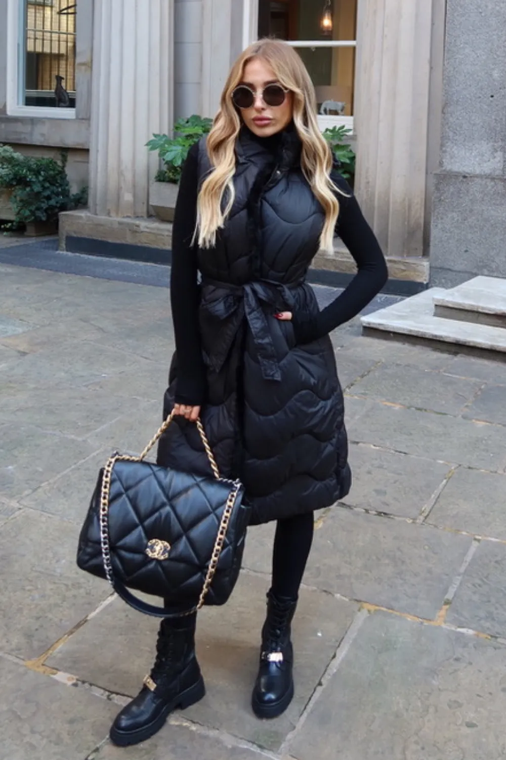 Layla black long hooded puffer gilet